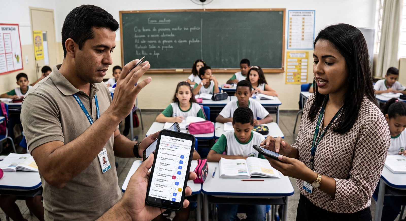 Dos docentes registran la asistencia desde sus teléfonos durante la clase.